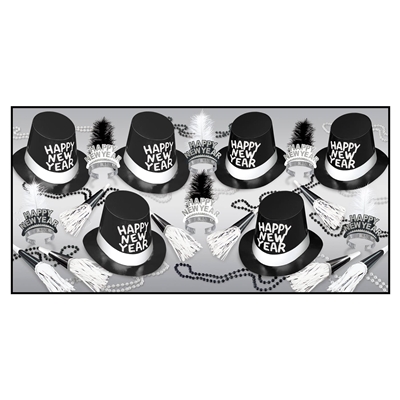 black and white new year's assortment that includes wearable items and noisemakers