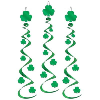 Hanging St. Patricks Day decorations with whirls and green shamrocks