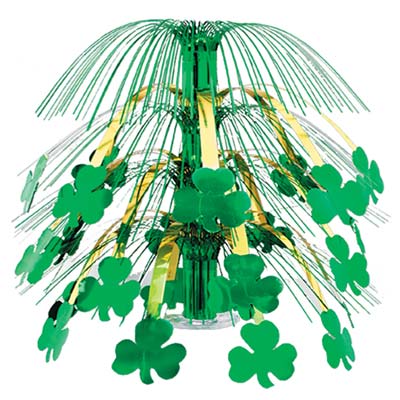 St. Patrick's Day centerpiece with green shamrocks attached to gold metallic strands