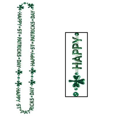 St. Patricks Day beads that are green that reads Happy St. Patricks Day with green shamrocks on the necklace