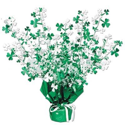 green and white St. Patricks Day centerpiece with shamrocks attached to a green weight