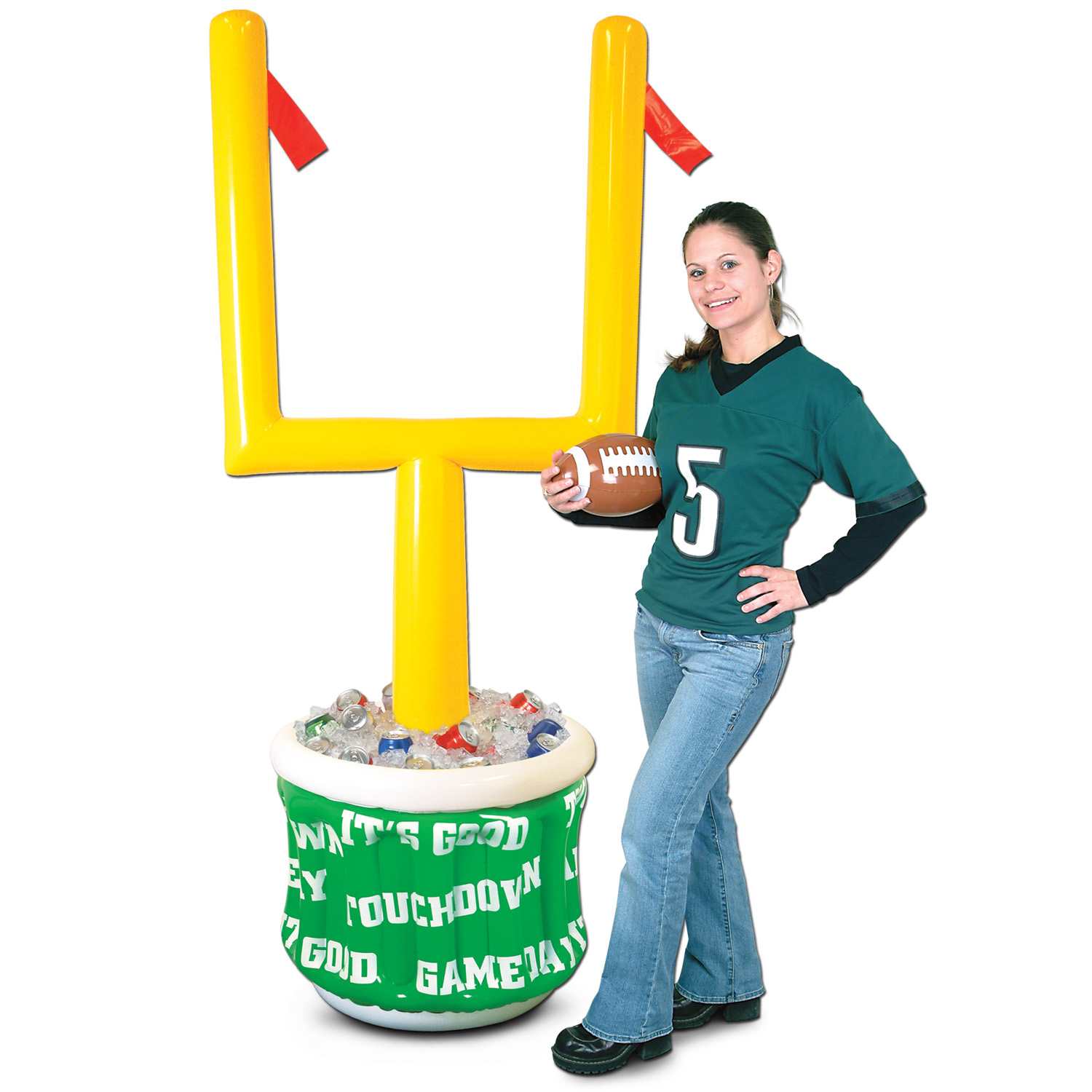 inflatable football goal post with a game day drink cooler at the bottom