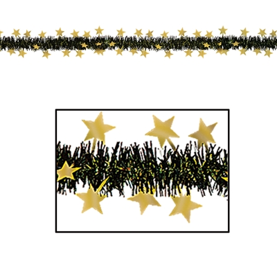 Black metallic fringe garland with gold metallic stars.