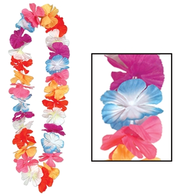 Multi-colored floral silk luau leis. 