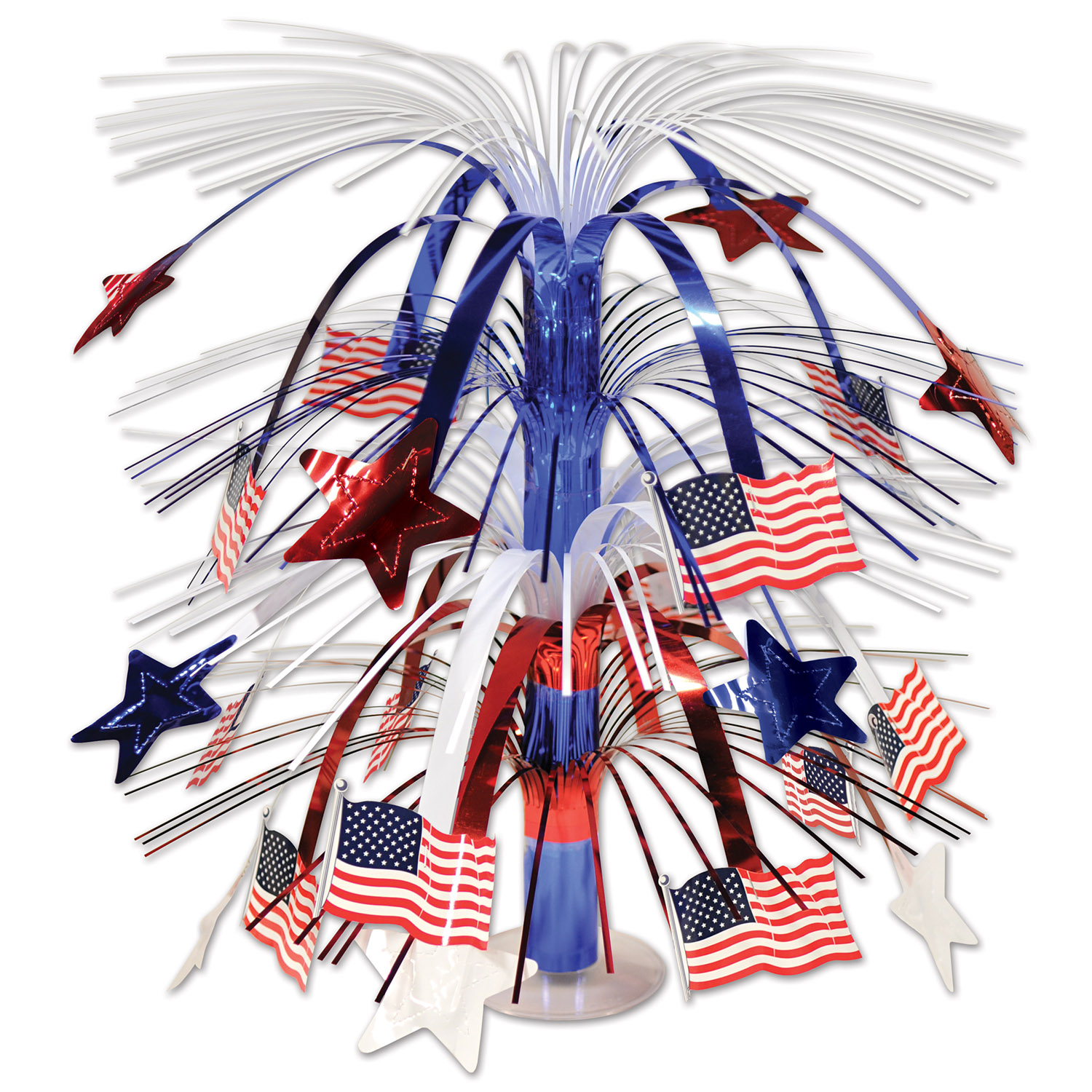 Patriotic centerpiece with red white and blue stars with american flags hanging off of the metallic centerpiece