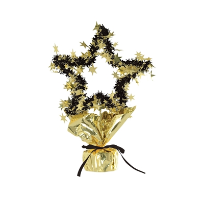 Metallic gold and black wired table centerpiece molded into the shape of a star and wrapped in black fringe and gold star embelishments. 