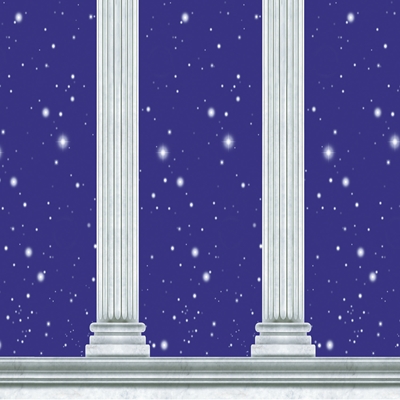 backdrop with white columns in front of a dark blue sky with stars