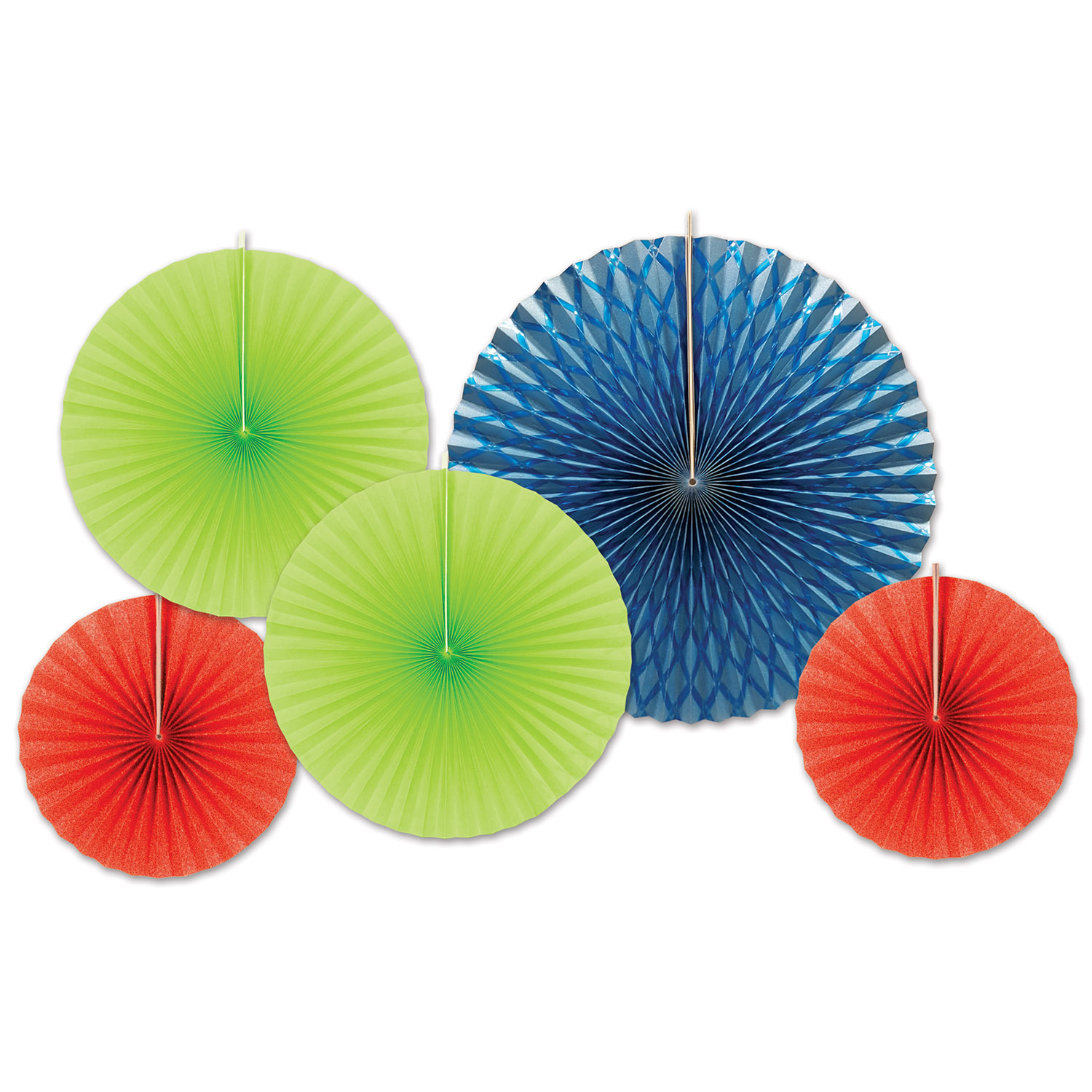 Assorted sized paper and foil fans in blue, green, and red. 