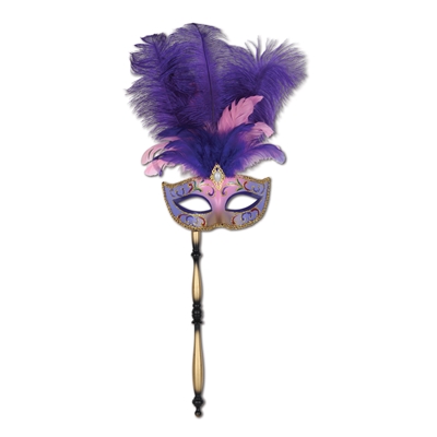 Feathered purple mardi gras mask with hints of gold and supported with a gold and purple stick. 