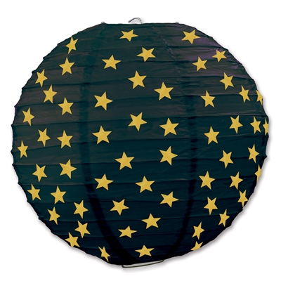 Black ceiling decoration with gold stars shaped to replicate a lantern.