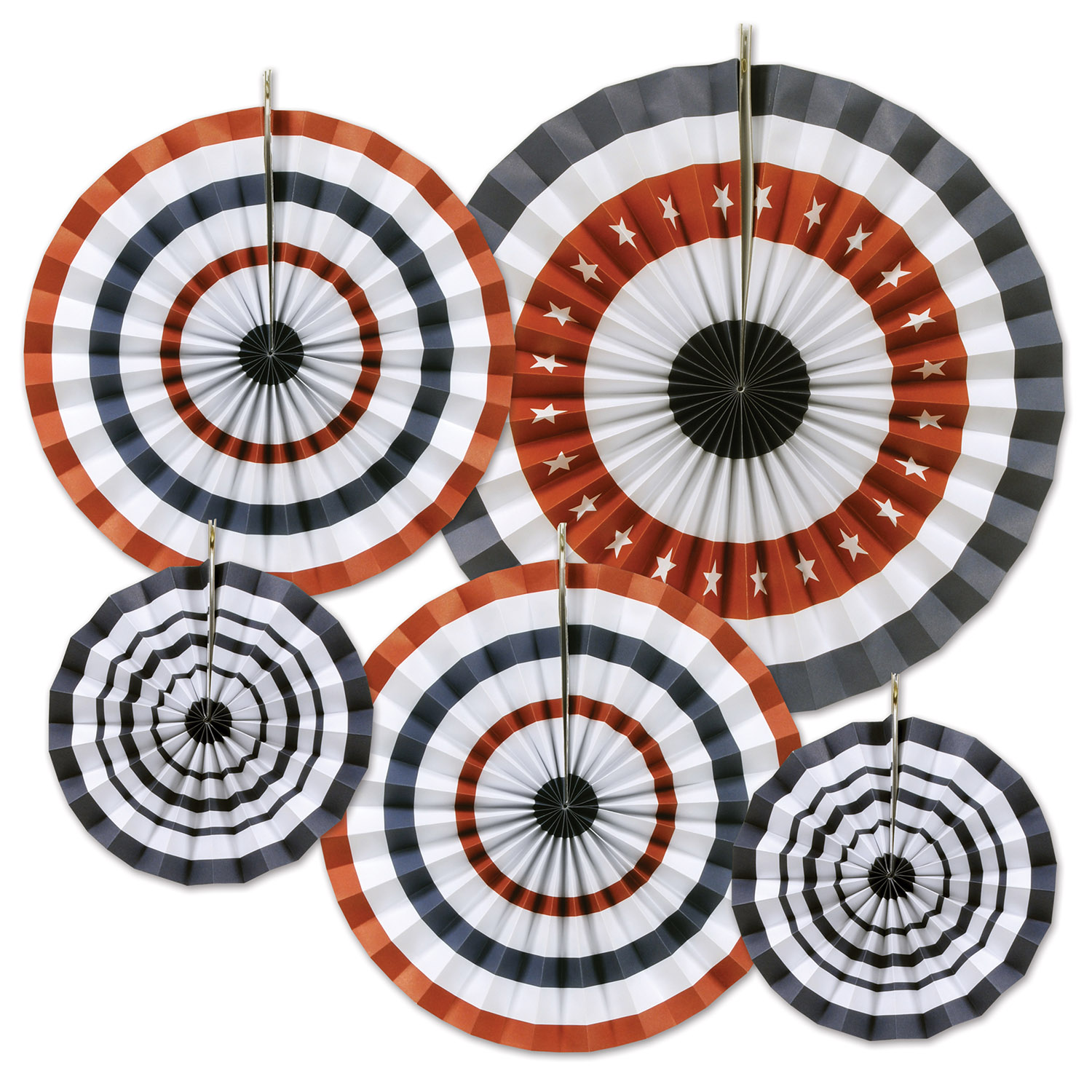hanging red, white, and blue paper fans in multiple sizes