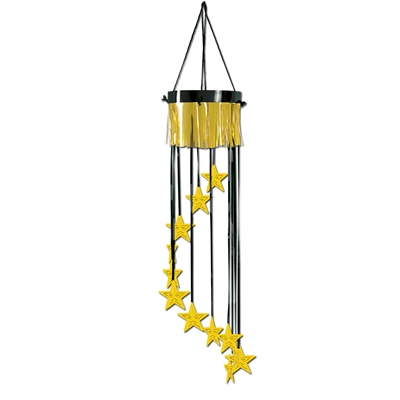 Ceiling decoration replicating a shimmering chandelier with a black and gold metallic design and gold stars.