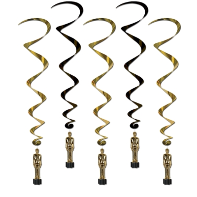black and gold whirls with awards night statues hanging off of the whirls