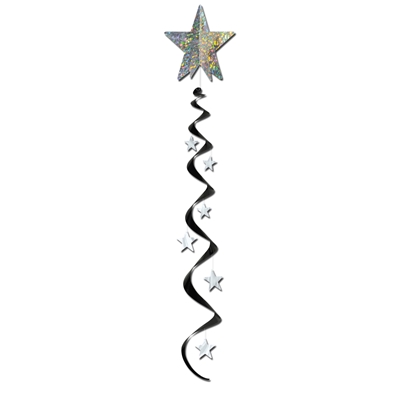 Silver prismatic star with black whirl and smaller silver stars attached.