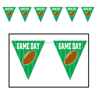 pennant banner that looks like a football field that reads game day and has a brown football