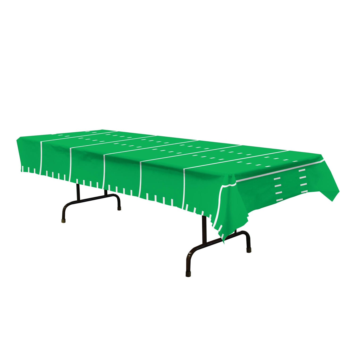 green plastic table cover that looks like a football field