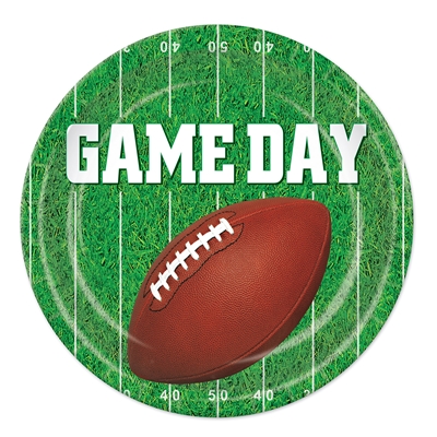 paper plates that have a football on them and read game day with a grass football field background