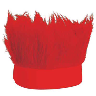Red fabric headband with  hair like material standing straight up.