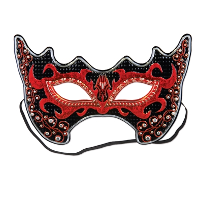 Red and black pointed mask with red jaggared design around the eyes. 
