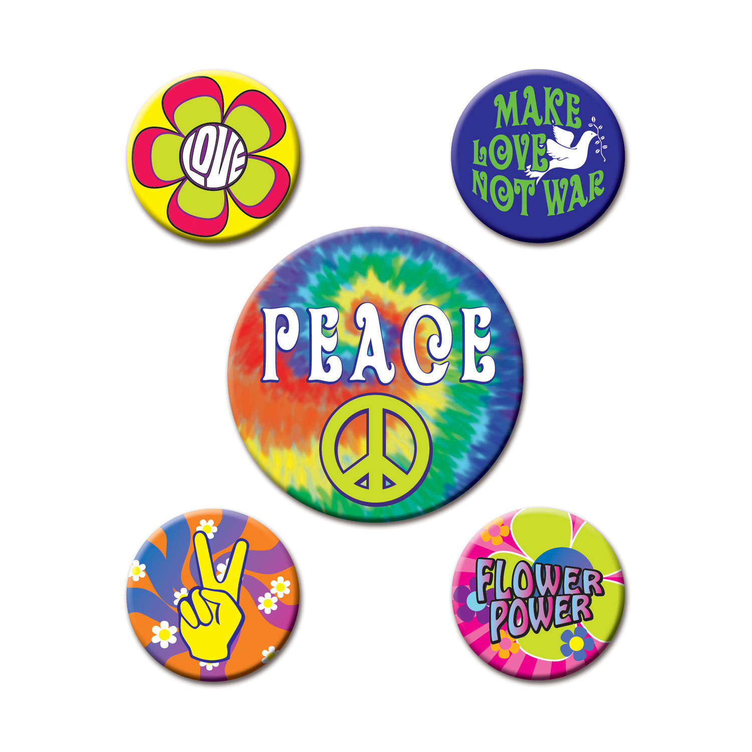 1960s peace buttons that are tie-dye 