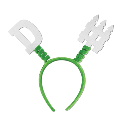 green football headband with D Fence decals on the top
