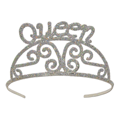 Silver plastic tiara covered in glitter with an authentic design and the word queen.