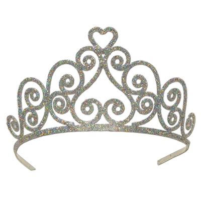 Silver plastic tiara with glitter and a swirl design.