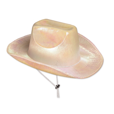 Traditional cowboy hat with straps attached and in the color opalescent.