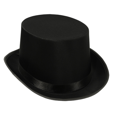 Black top hat that is made of a satin material.