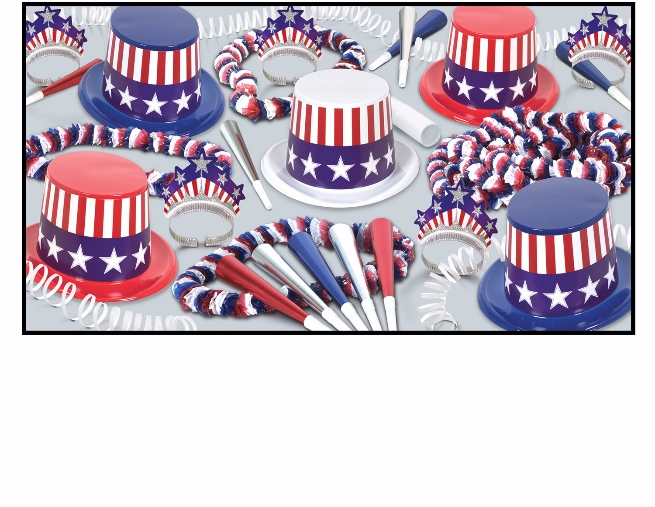 patriotic party kit that has red, white, and blue hats with american flags on them along with horns, leis, and tiaras
