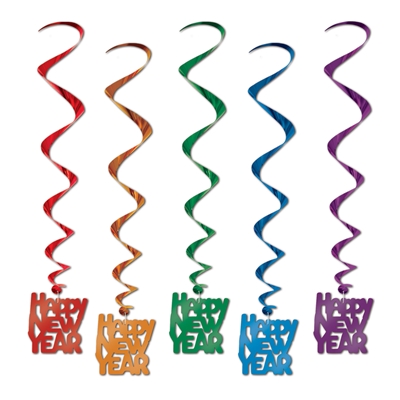 Red, Orange, green, blue, and purple Happy New Year Metallic whirls. 
