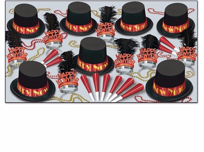 Red and black new year's eve party kits with velour top hats