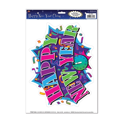 Cling material that will stick to just about any smooth surface and reads the words "Happy New Year" with bright vibrant colors.