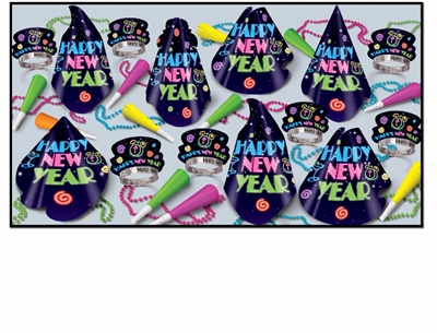 bright colored neon nye party kit for 50 guests that has hats, tiaras, horns, and beads