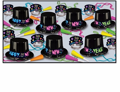 Neon 1980's themed New year's eve party kit with top hats and tiaras