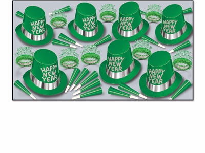 completely green new year's eve party kit with top hats, green tiaras and horns
