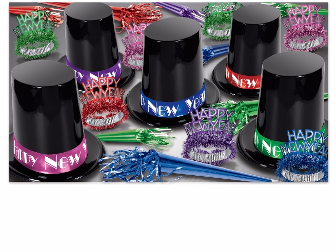 assorted color new years eve kit with big black top hats with bright colored bands with new year tiaras and noisemakers