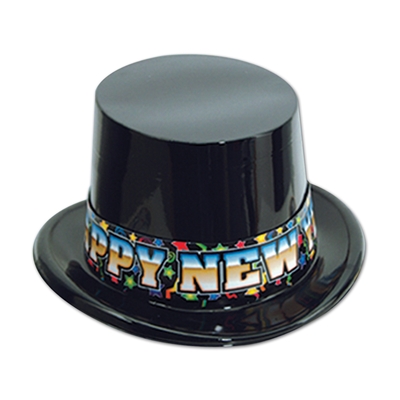 Black plastic topper with the words "Happy New Year" and stars that cover all the colors of the rainbow.