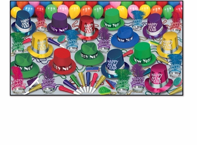 a large assortment of NYE party favors like top hats, balloons, noisemakers and tiaras