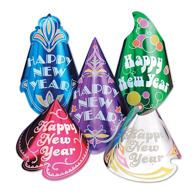 party hats for New Year's Eve in bright colors and assorted designs