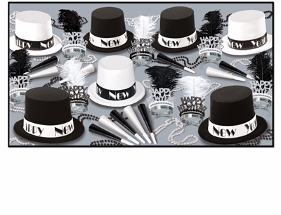 black and white top hat new year's eve party kit with tiaras, horns, and beads
