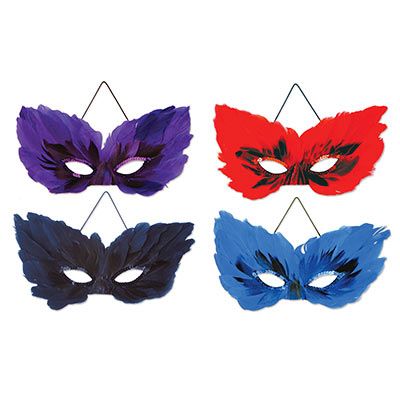 feather masks in red, purple, and blue