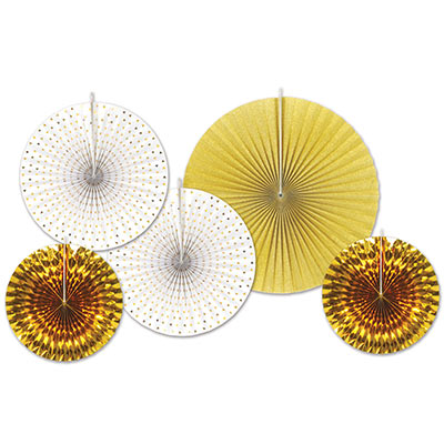 Gold and White Assorted Sized Paper & Foil Decorative Fans