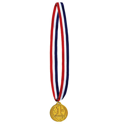 Patriotic striped ribbon with 1st place medal made of plastic.