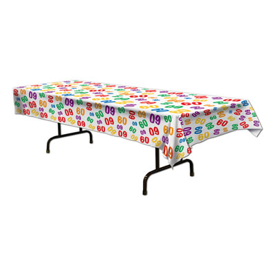 Plastic White Table Cover with Colorful "60" for a Birthday Party
