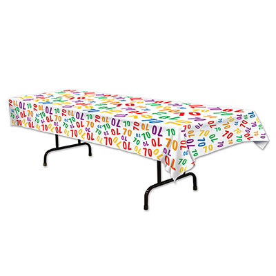 Plastic White Table Cover with Colorful "70" for a Birthday Party