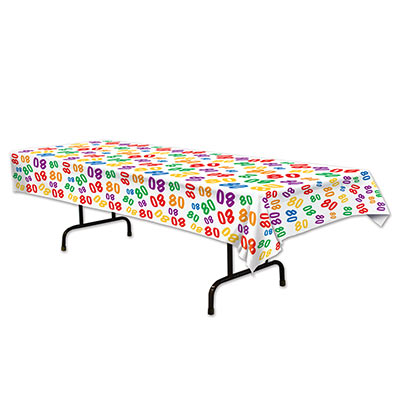 Plastic White Table Cover with Colorful "80" for a Birthday Party