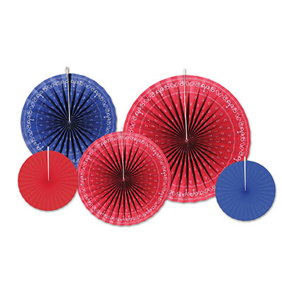 Paper fans printed to replicate red and blue bandanas.