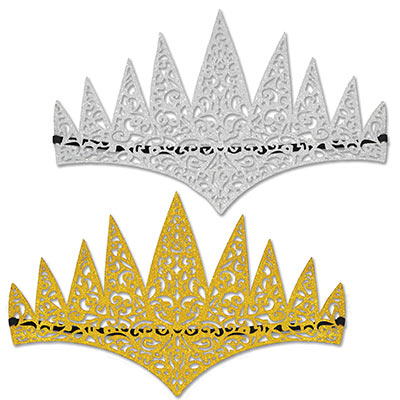Silver and gold glittered laser cut tiaras with elastic attached.