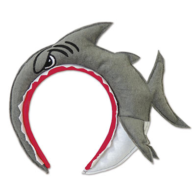Headband with plush material that replicates a shark with its mouth open. 